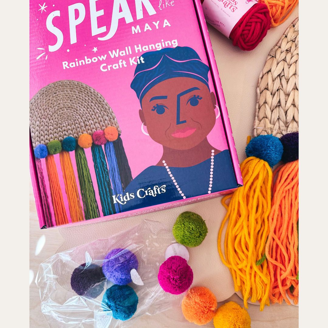 Rainbow Wall Hanging Craft Kit inspired by Maya Angelou's quote "Be the rainbow in someone else's cloud" for children aged 8 and up. Educational art project celebrating diversity and female empowerment. Includes story about trailblazing women and conversation starter card for parents to discuss leadership with girls.