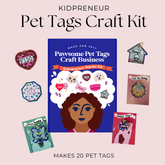Kidpreneur Pet Tag Making Kit: A creative entrepreneurship kit for kids ages 8+, designed to teach business skills through a fun, hands-on craft activity. The set includes everything needed to make 20 personalized pet tags, such as shrink art acrylic, glitter, stickers, and a business plan to guide young entrepreneurs. Perfect as an educational gift for creative kids, pet lovers, and classroom activities focused on hands-on learning and financial literacy