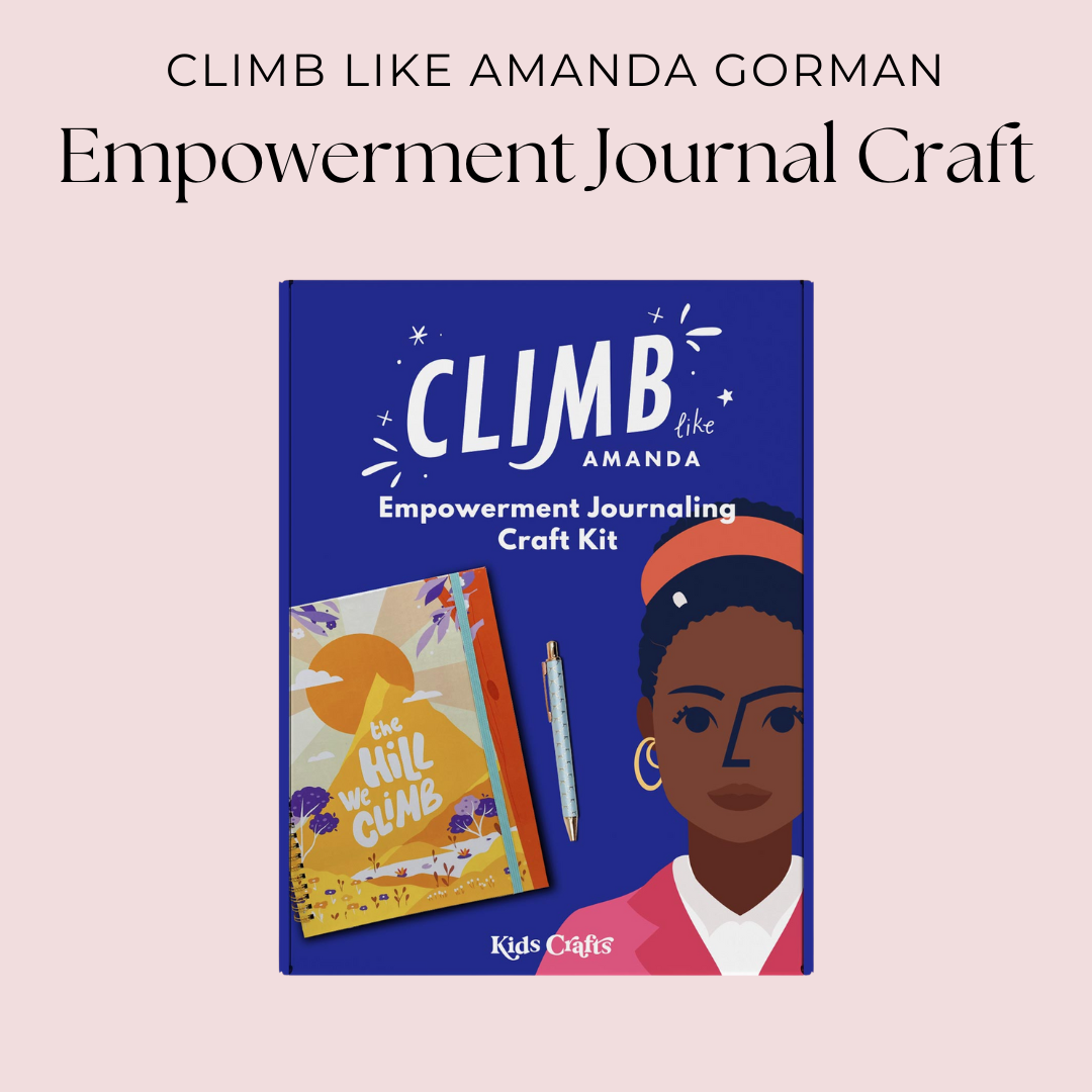 Amanda Gorman-inspired journal kit with everything young writers need: a journal, glitter pen, stickers, and paperclips. Let kids’ creativity shine through their writing.