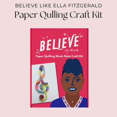 Believe like Ella craft kit featuring paper quilling tools, vibrant paper strips, and a treble clef pattern to create a musical tribute to Ella Fitzgerald.