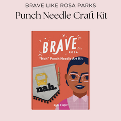 Educational Punch Needle Kit featuring Rosa Parks, perfect for teaching civil rights history through art. Includes all materials needed for a punch needle project and an inspiring story about Rosa Parks, making it a meaningful gift or classroom activity for kids 8+ to learn about leadership and social justice.