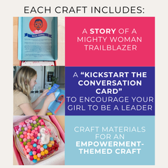 Each craft includes a story of a mighty woman trailblazer, a kickstart the conversation card to encourage your girl to be a leader and craft materials for an empowerment themed craft for kids.